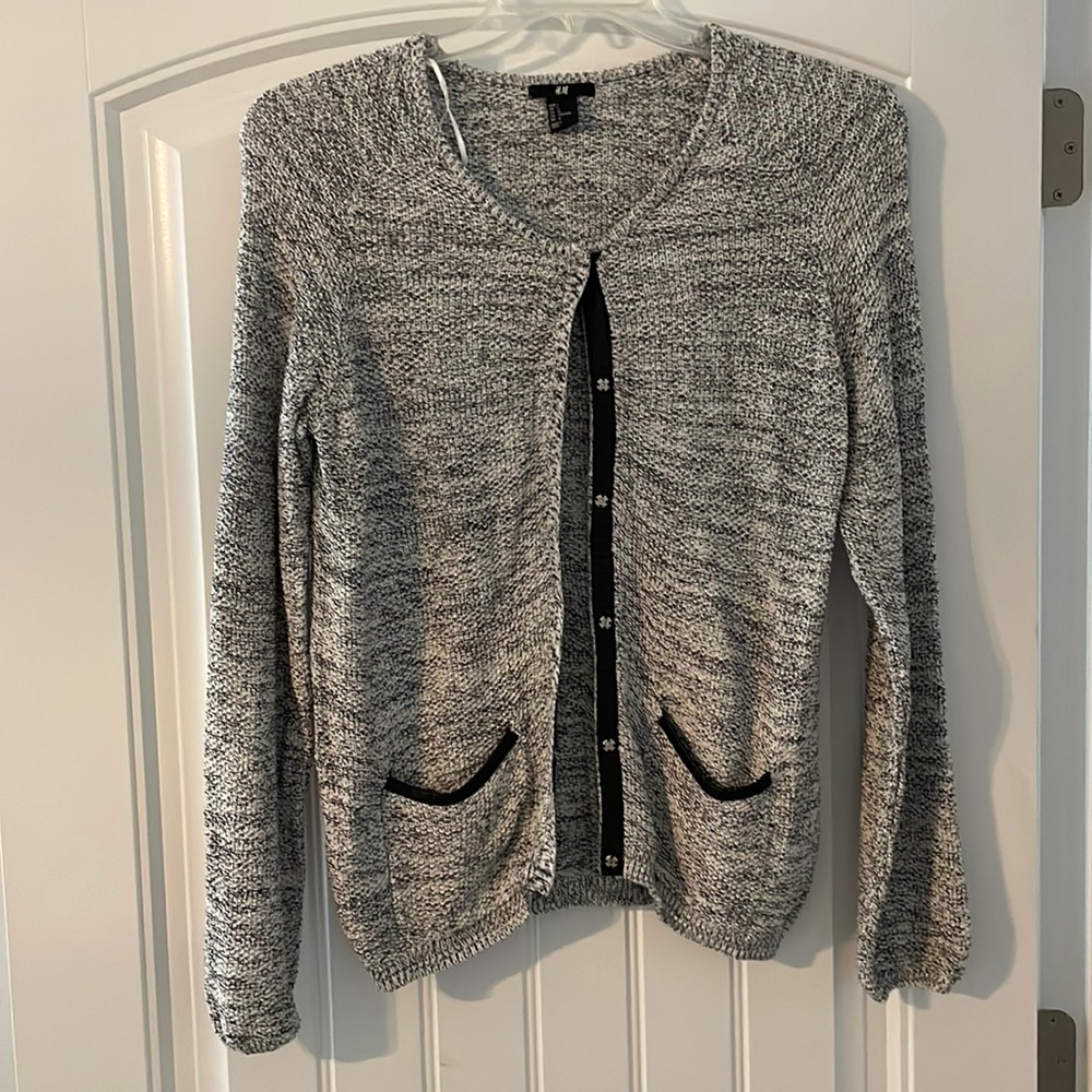 H&M Grey/White Cardigan with Faux Leather Trim Detail, Women’s L, Never Worn